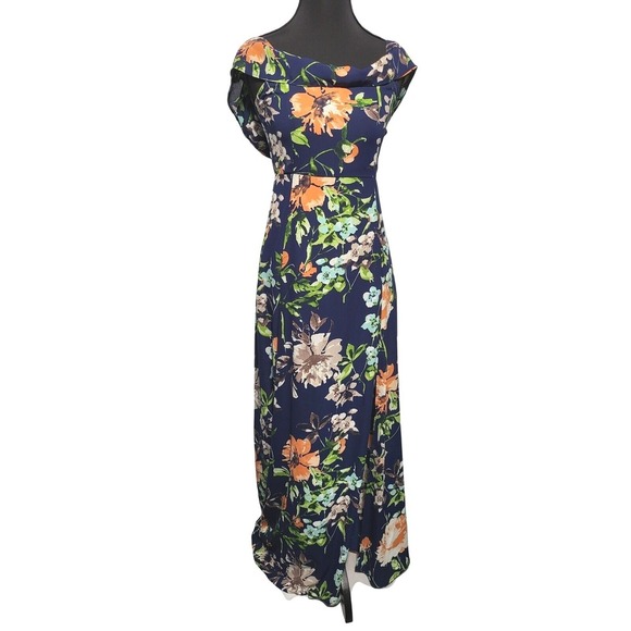 Chocolate Floral Maxi Dress  Blue Orange Flowers Ruffle Neckline Party Size S - Picture 2 of 9